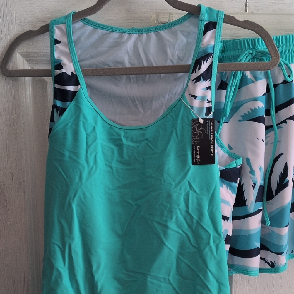 Swim Tank & Shorts Set / Turquoise and Navy Palm Print